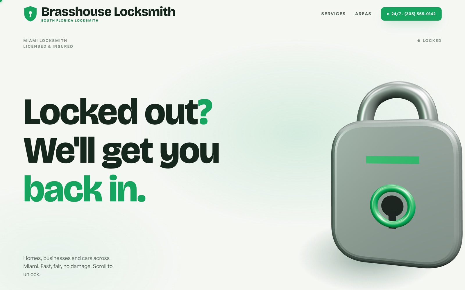 Brasshouse Locksmith website: green and white locksmith site with a 3D lock hero