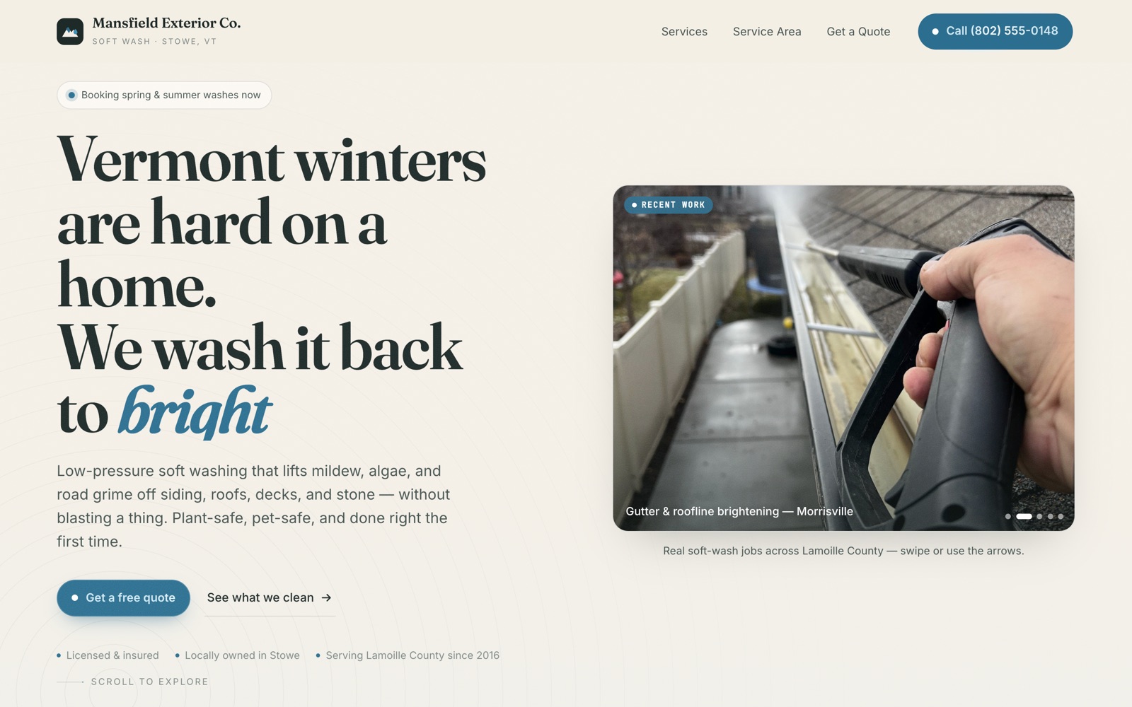 Mansfield Exterior Co. website: warm cream soft-wash site with photos of real jobs