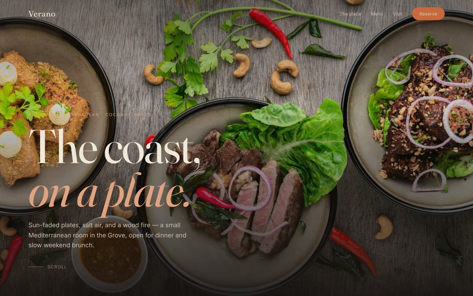 Verano restaurant website: dark editorial hero with plated dishes